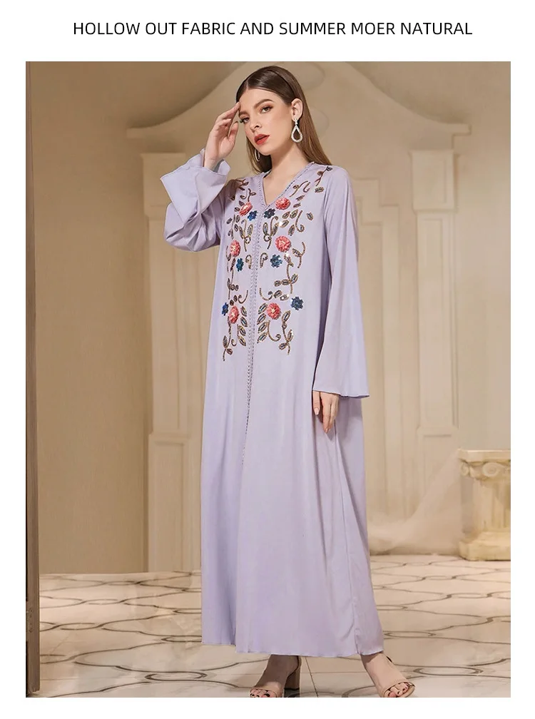 Elegante V-Hals Geborduurde Jurk Voor Vrouwen Abayas Dubai Arab Temperament Avondjurk Gewaad Kalkoen Kaftan Marocain Abayas Lente