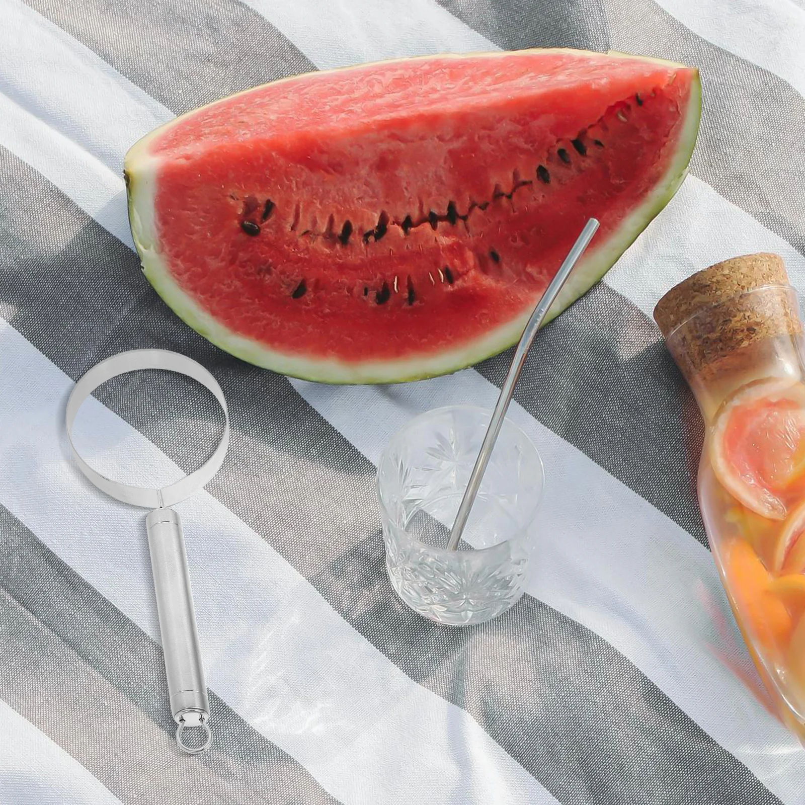 Sembradora de frutas de acero inoxidable, cuchara para sandía, utensilio de cocina, herramienta separadora de carne y fruta portátil para uso doméstico, anillo redondo antideslizante