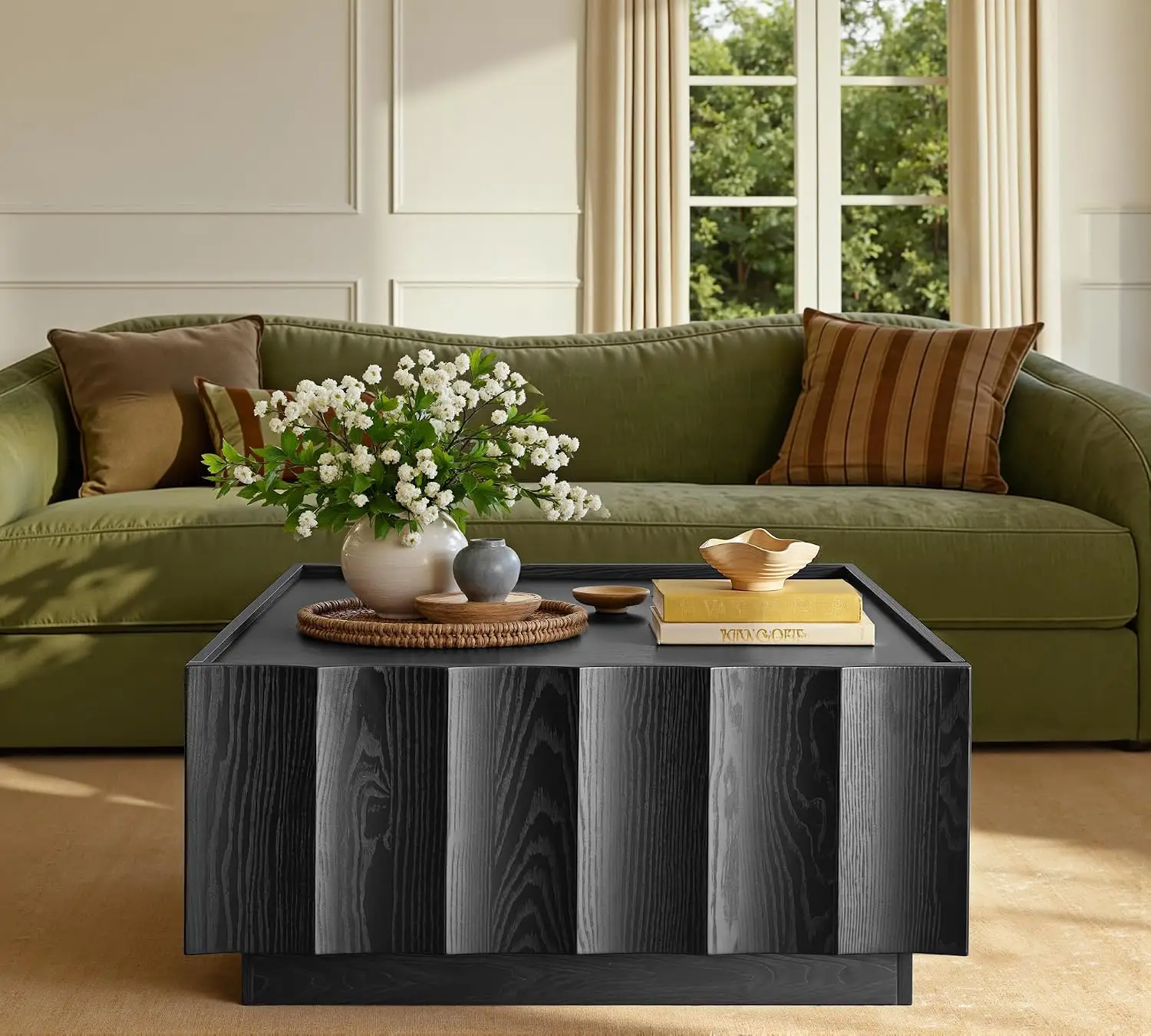 Square Coffee Table with Storage, Wave Design, Black