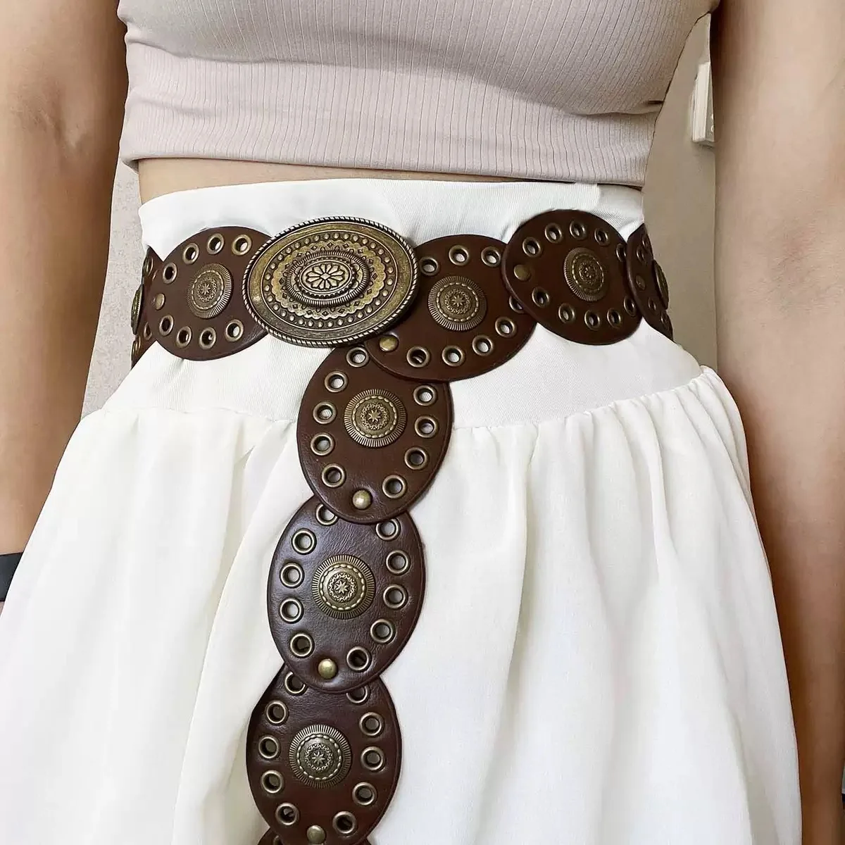 Hot Girl Retro Women's Exaggerated Punk Style Oval Splicing Waist Belt Fashion High-quality Popular Trend Retro Belt