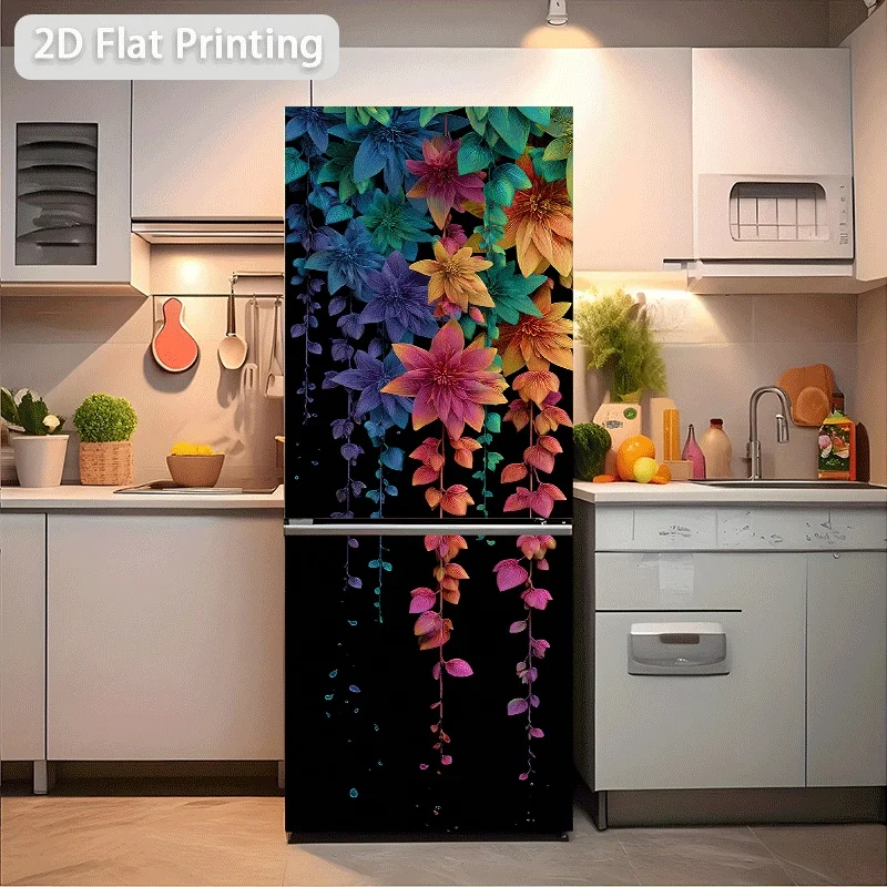 2D Flat Printing No 3D 1pc Refrigerator Sticker Colorful Hanging Floral Themed Scene Wall Decal Self-Adhesive Wallpaper Suitab