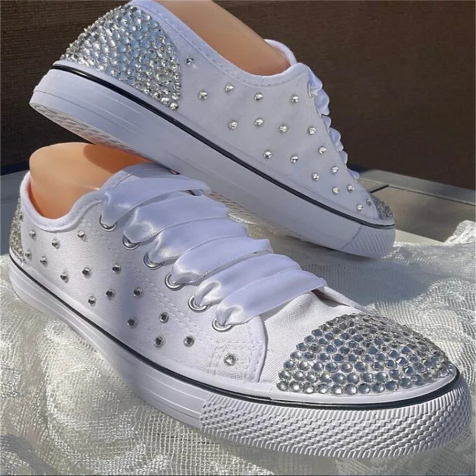 Custom silver rhinestone lace low top Everything sports leisure walking canvas shoes large size 35-46