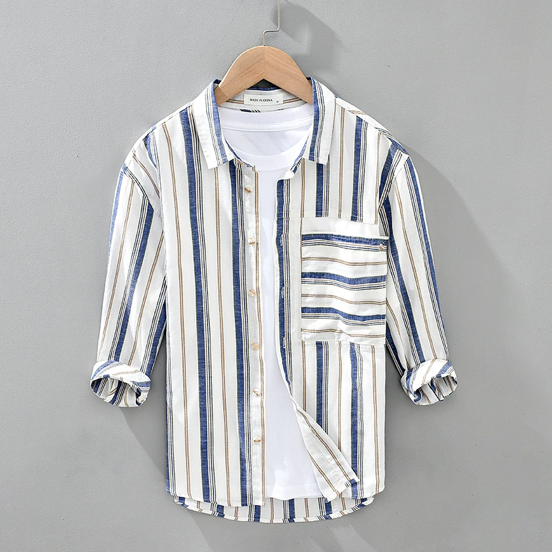 

Men's Casual Striped Three Quarter Sleeve Shirt for Men Cotton Linen Breathable Shirts Man Button-up Tops