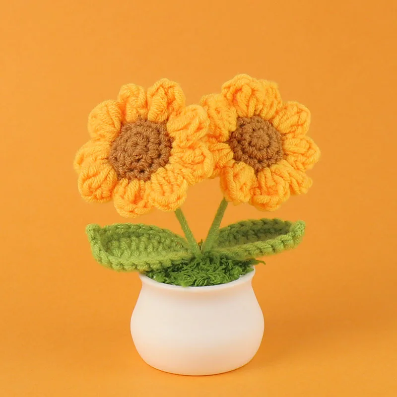 Crochet Mini Potted Flowers, Handmade Yarn Sunflower Tulip Ornament, Small Desk Decor Gift for Teacher Graduation