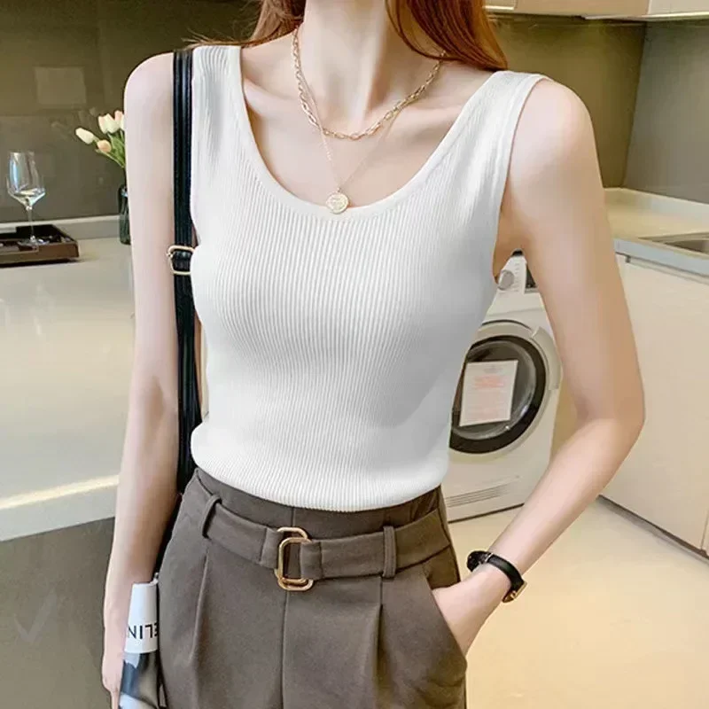 2024 Summer Knit Vest Top Suspender Thread Waistcoat Women Camisole T-shirt Solid Slim Thin Inner Bottom Coat Tank Top 5XL