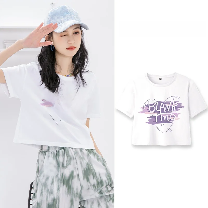 เสื้อยืดผ้าฝ้ายแท้ทรงสลิมฟิต คอกลม สำหรับผู้หญิง ลายพิมพ์ลำลอง สีม่วง รุ่นใหม่สำหรับฤดูร้อน