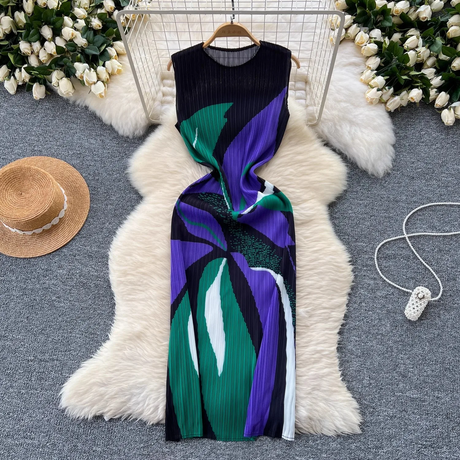 Summer Holiday Floral Print Miyake Long Pleated Dress Women Clothing Sleeveless High Stretch Straight Draped Loose Robe Vestidos