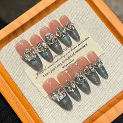 Handmade Press on Nails Shiny Blue Cat Eye French False Nail Tips Wearable Glitter Wedding Nail Art Long Oval Head Fake Nails
