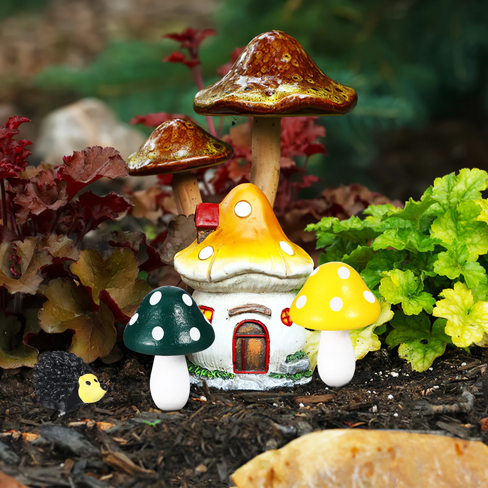 

Moss L naments Red 3 Green 3 Yellow Mushrooms 2 Hedgehogs Mini Figurines Garden Decoration Resin Accessories
