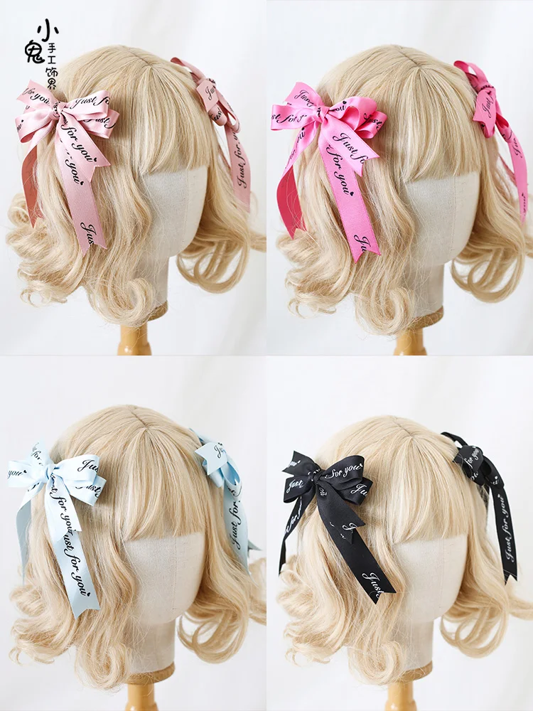 Japanese Lolita Lace Barrettes Letter Ribbon Ancient Early Bow a Pair of Hairclips Headdress