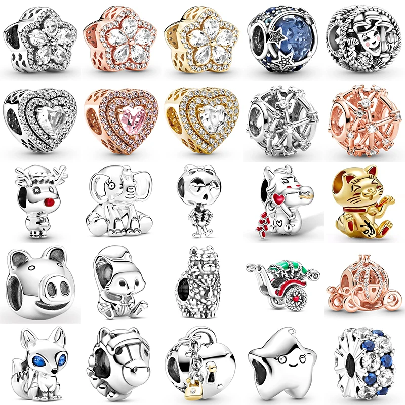 

925 Sterling Silver Sparkling Snowflake Pavé Cute Fortune Cat Bead Fit Original Pandora Charms Bracelets Women DIY Jewelry