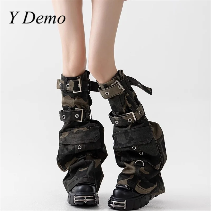 Y Demo Punk Techwear Buckle Straps Washed Retro Cowboy Leg Cover Camouflage Knee Adjustable Women Leg Warmers