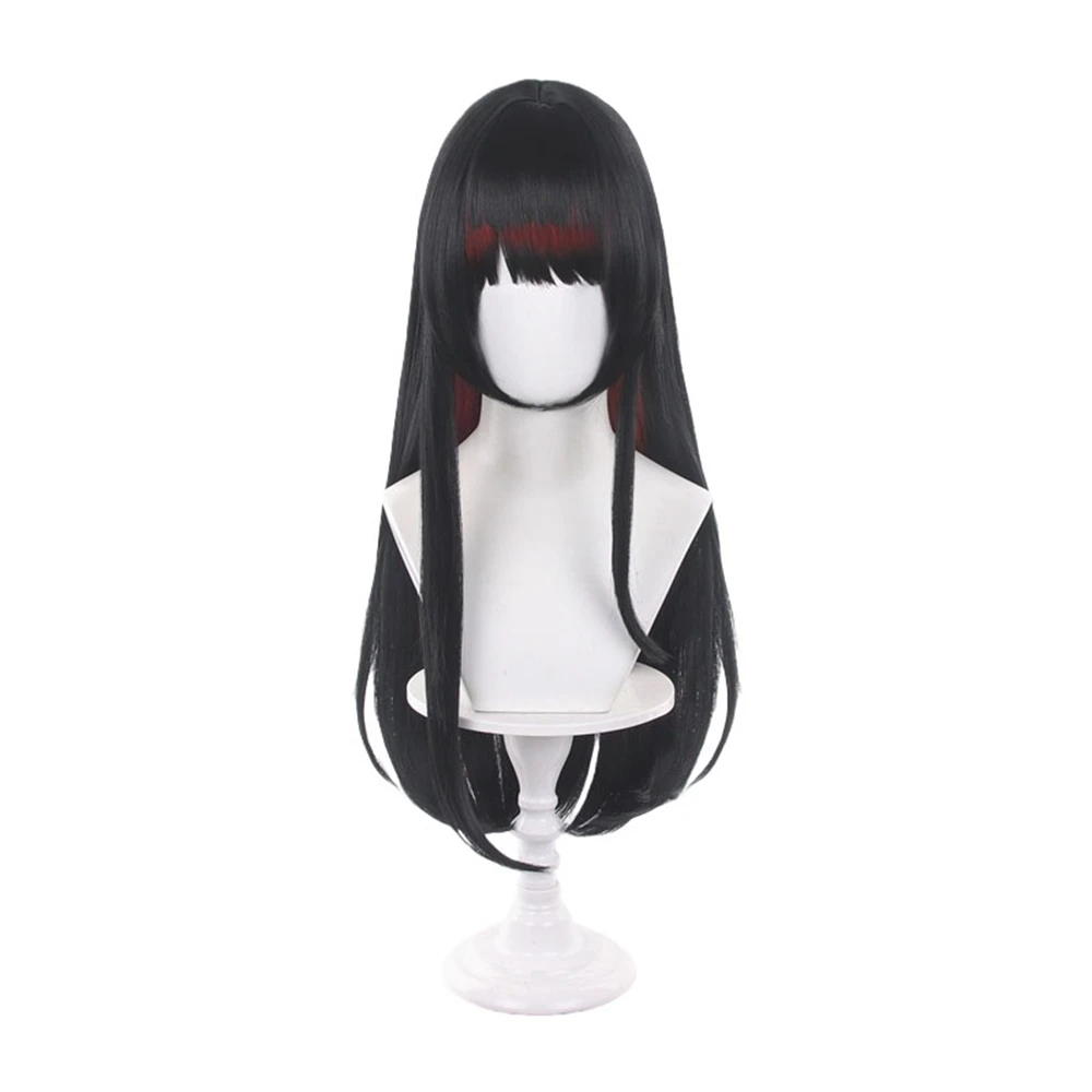 Jet Black Medium-Length Wig with Integrated Side Strands Straight Bangs Smooth Ends Heat Resistant