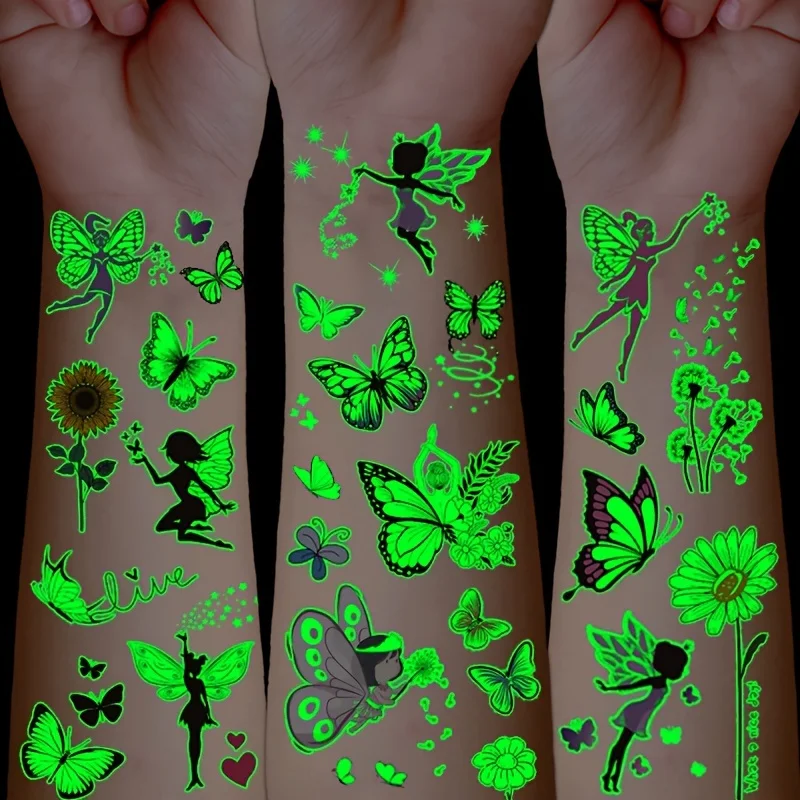 14 levendige gloed-in-het-donker vlinder tijdelijke tatoeages-kleurrijke body art-stickers, perfect voor verjaardagsfeestartikelen, muziek