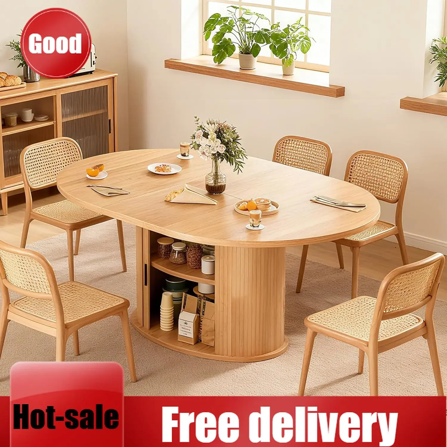 Oak Oval Round Extendable Dining Table Seats Two Four Six Tier Storage Slide Door Kitchen Dining Room Furniture