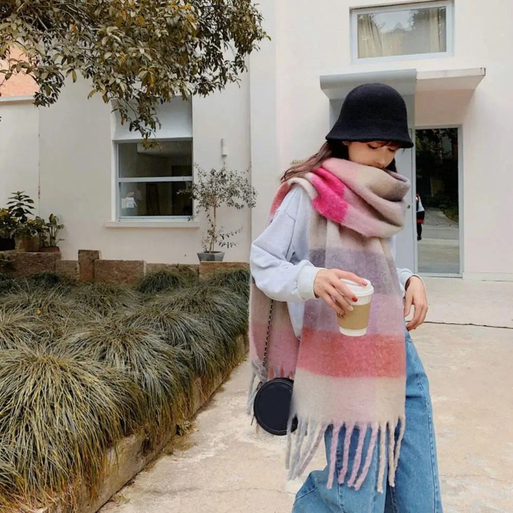 Women Long Scarf Wool Scarf Stylish Winter Scarves Colorful Colorblock Tassel Decor Thick Warm Plaid Print Soft Wide for Unisex