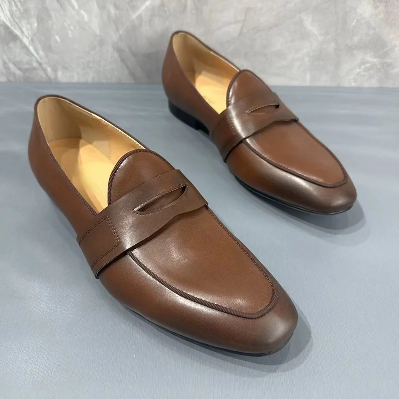 

Italian Men's Brown Genuine Leather Loafers High Quality Slip On Casual Loafer Shoes Men Dress Shoes Flats Party Shoes