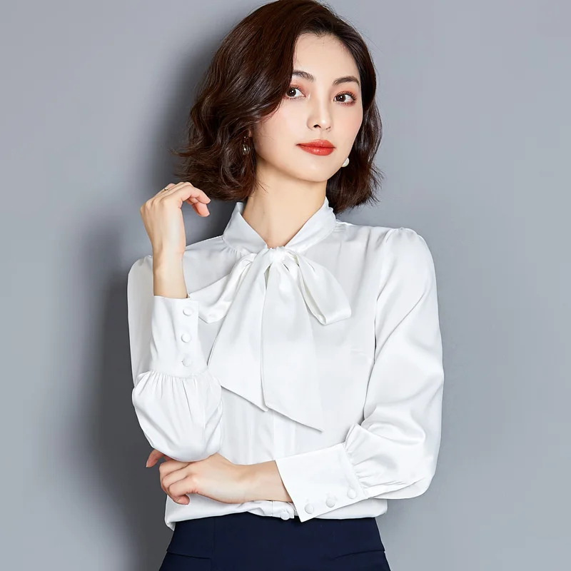 Real Silk Fashion Bow Tie Blouses Women Spring Autumn Long Sleeve Satin Shirt Korean Chic Solid Tops Office Lady Work Wear XXXL