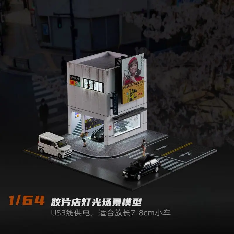 디오라마 1/64 자동차 차고 모델 LED 조명 요리 상점 일본 도시 자동차 주차장 장면 디스플레이 모델