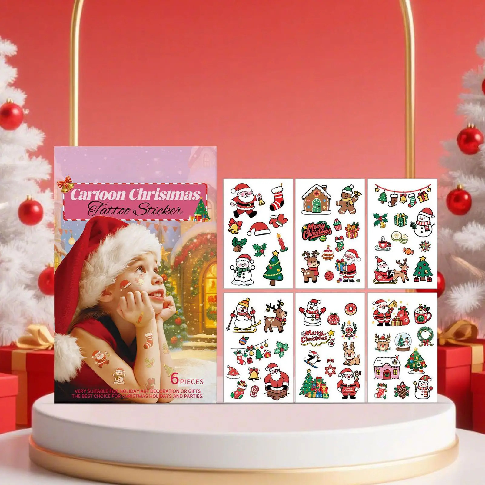 Adesivo temporário de natal para crianças, 6 peças, adesivos de rosto de natal, desenho falso, à prova d'água, arte corporal, santa, rena, floco de neve