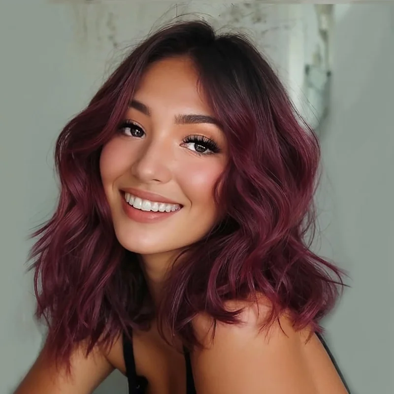 Short Burgundy Human Hair Wigs Ombre Wine Red Wavy Lace Front Wig Pre Plucked