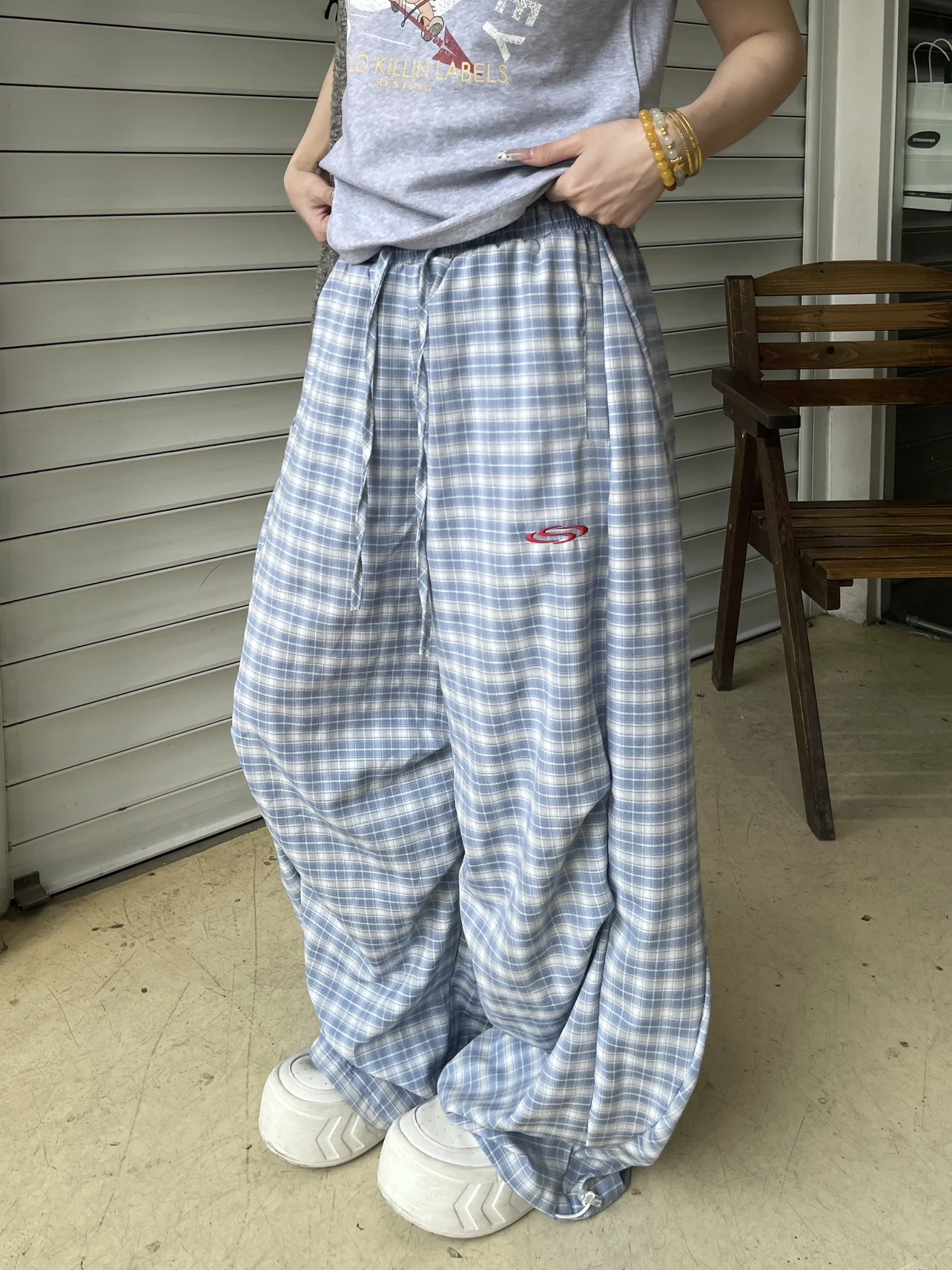 

Blue Lazy Style Women's Casual Pants Floor-Length Wide Leg Loose Fitting Drapey Elastic Waist Straight Tube Polyester Cotton ...