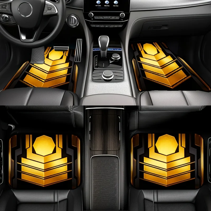 4pcs Luxury Golden Pattern Mechanical Style Universal Car Floor Mats Set, Suitable For Most Car Models, Combining Practicality A