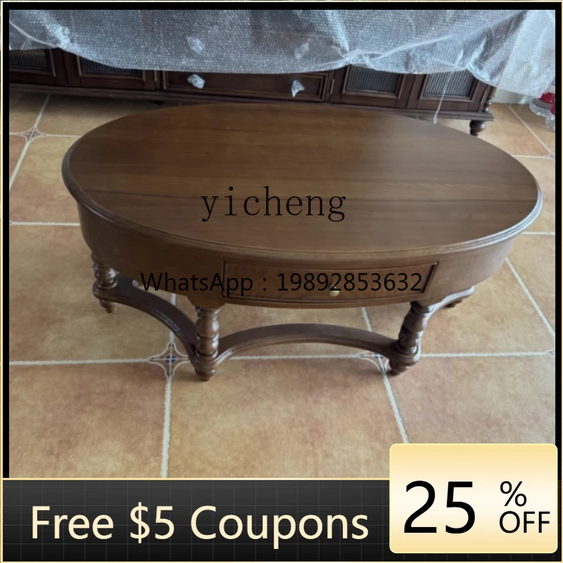 YY Solid Wood Carved Vintage Coffee Table, Distressed Light Luxury Simple Design with Drawer, Customizable Coffee Table