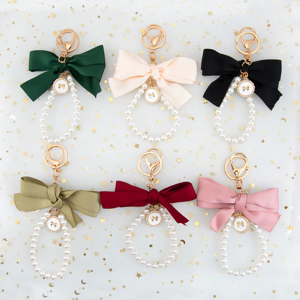 1pc 2pcs Colorful Fabrics Bownot Pendant Phone Charms Imitated Pearl String Keychain Bag Strap Cellphone Lanyard Keyring Jewelry