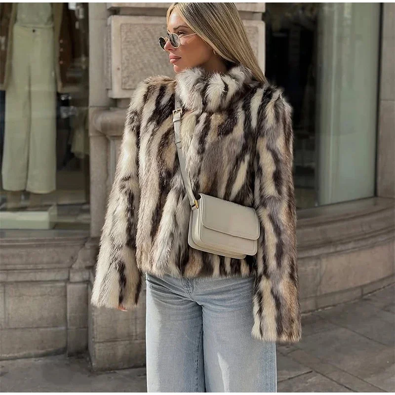 ETJ 2025 winter women's new fashion animal print natural color imitation fur standing collar jacket warm short coat