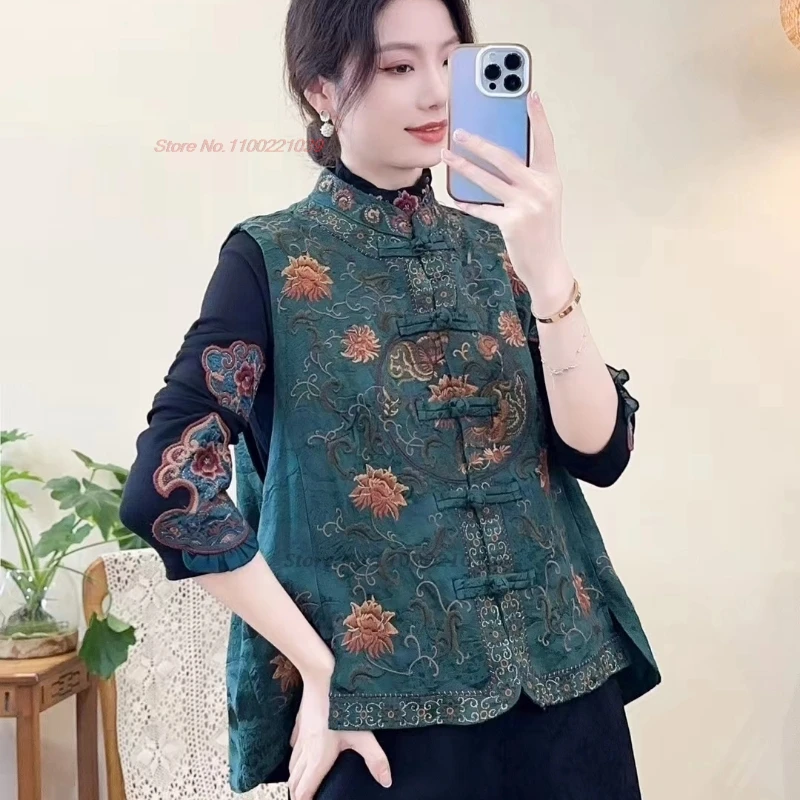 2025 chaleco popular con bordado de flores nacionales, chaleco jacquard satinado con cuello levantado oriental, chaqueta tradicional sin mangas, tops hanfu