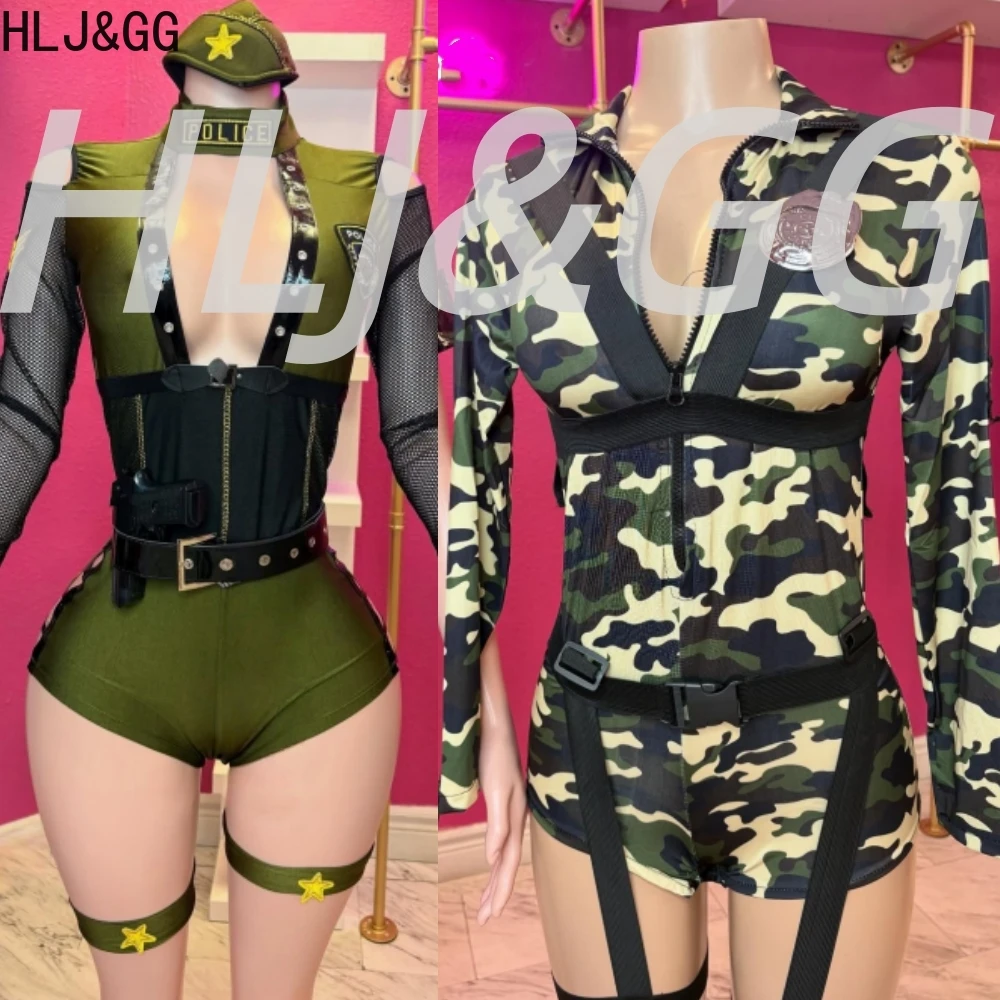 

HLJ&GG Sexy Camouflage Tight Sexy Long Sleeves Bodysuit with Binding Band Set Fashion Girl Front Zipper Jumpsuit Cosplay Uniform