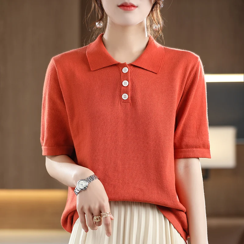 Camiseta de mujer novedad de verano 100% algodón tejido Casual suéter sólido manga corta cuello POLO blusa ropa de mujer Tops sueltos