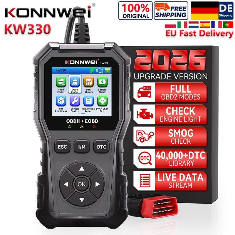 2026 KONNWEI KW330 Skaner OBD2 do samochodów, narzędzie diagnostyczne, czytnik kodów usterek silnika i akumulatora, odczyt danych w czasie rzeczywistym, skaner usterek OBD, dożywotnia darmowa