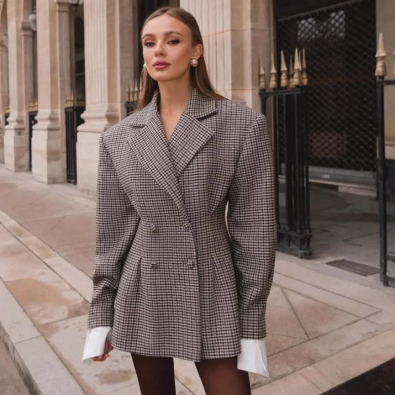 

Vintage Waist Up Plaid Printed Blazer Jacket Elegant Double Breasted Pockets Retro Coat 2025 Commuting Females High Streetwear