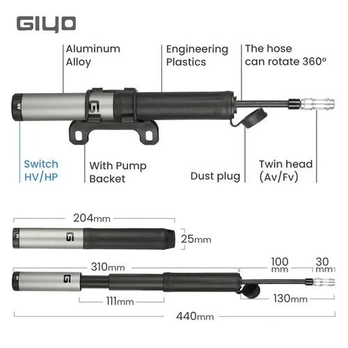 Imagen 2 del producto Giyo-bomba de mano de tubo oculto para bicicleta de carretera, inflador de aire para neumáticos de bicicleta de 120psi, cuerpo de aleación, válvula Schrader Presta portátil, bomba de neumáticos para MTB