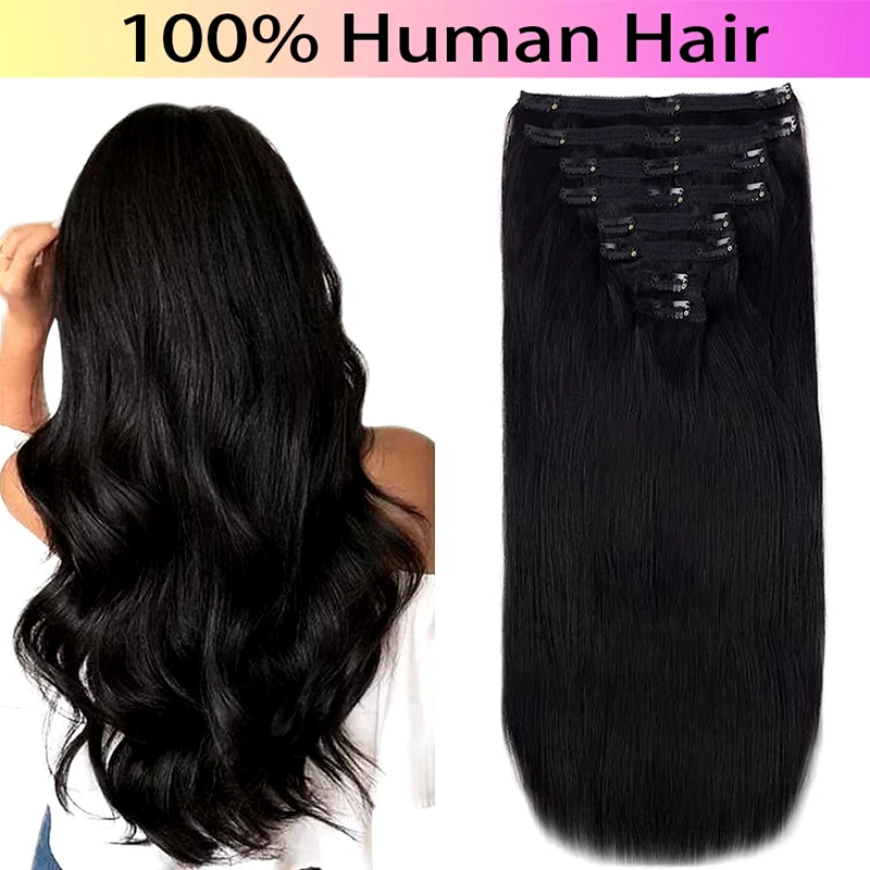 Clip In Hair Extensions 100% Real Human Human Hair #1B Nature Black Hair Clip Ins Straight For Women Virgin Hair 120g Per Pack