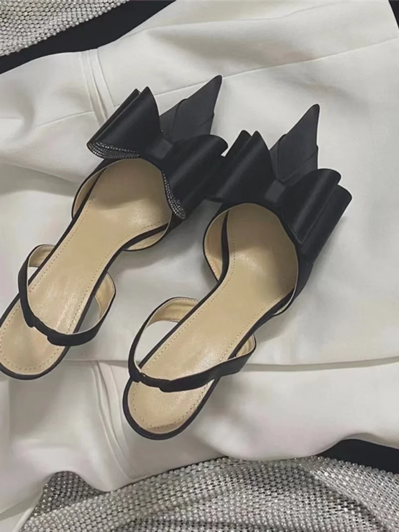 Silk Bow and Diamond High Heels 2024 High Ding New French Elite Pointed Thin Heels Hollow Headed Sandals