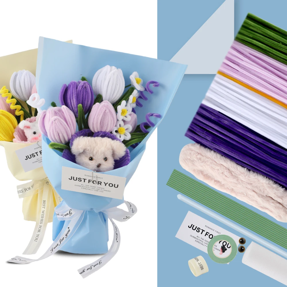 DIY Handmade Bouquet Kit Pipe Cleaner Toy Bouquet Tulip Bunny Set Valentine's Gift