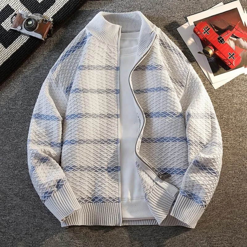 

New Men's Teenager Sweater Cardigan Zipper Sle Loose Fit Striped Knitted Top Soft Polyester Winter Casual American Sle