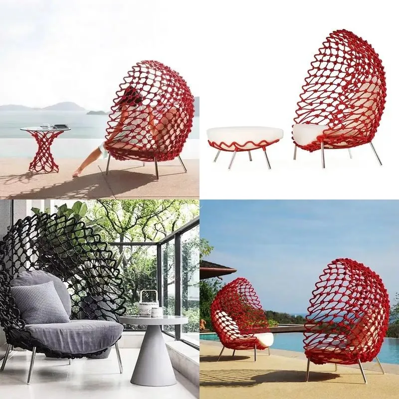 Luxury High Back Chair Red Rope Design Waterproof Outdoor Furniture Garden Wicker Aluminum Thermal Style Ins