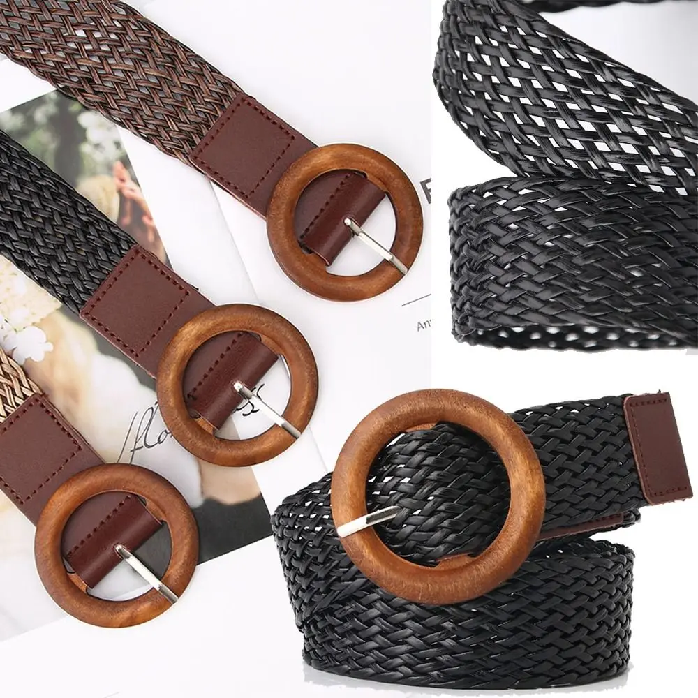 Belts For Women Vintage Boho Braided Waist Belt Female Wide Belt Round Wooden Smooth Buckle Fake Straw Waistband