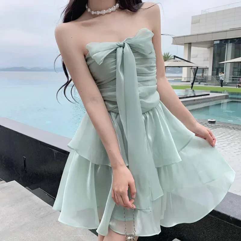 

Summer French Style Bow Tie Green Dress Sexy Strapless Pleated Waist Slim A-line Cake Dress Princess Glossy Ruched Mini Dresses