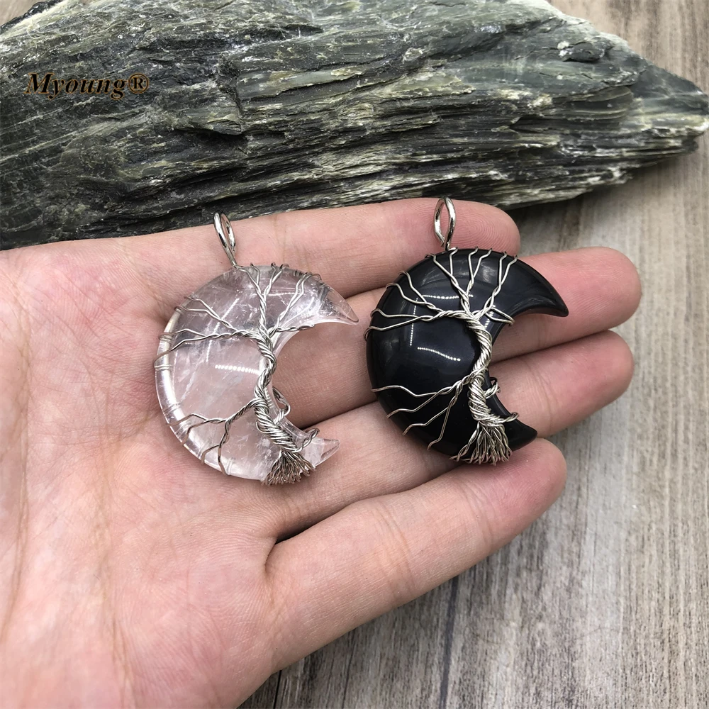 Wire Wrap Tree of Life Crescent Moon Shape Natural Healing Rose Crystal Quartz Amethysts Reiki Gems Stone Necklace Pendant image 2