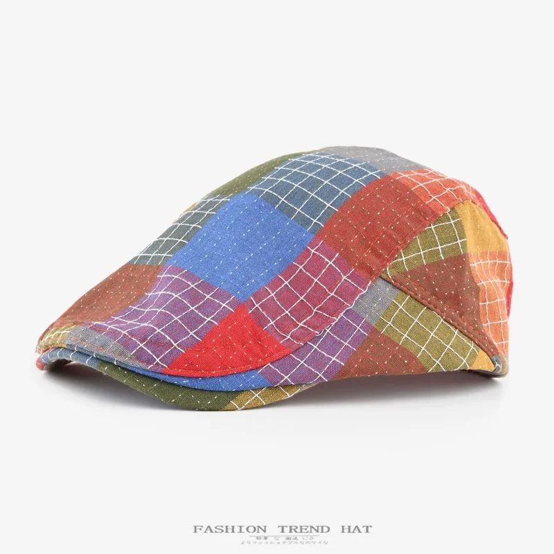 Vintage Spliced Color Plaid Newsboy Cap Unisex Spring Summer Beret Soft Breathable Cloth Painter Hat Lightweight Street Trend