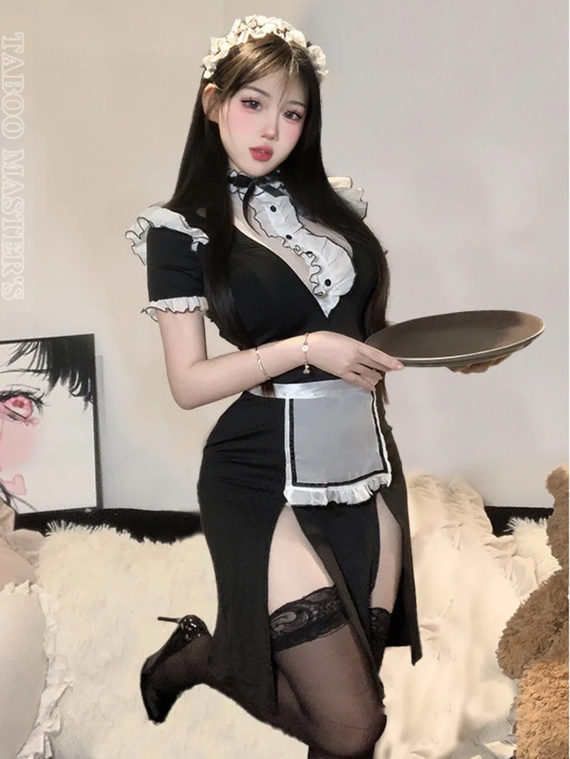 ใหม่อะนิเมะสาวกาแฟคอสเพลย์เครื่องแต่งกายชุดแม่บ้านสําหรับผู้หญิง Lolita ชุดภาษาฝรั่งเศสคําผ้ากันเปื้อนแม่บ้านชุดชั้นในสื่อลามกบาร์ L6Z2