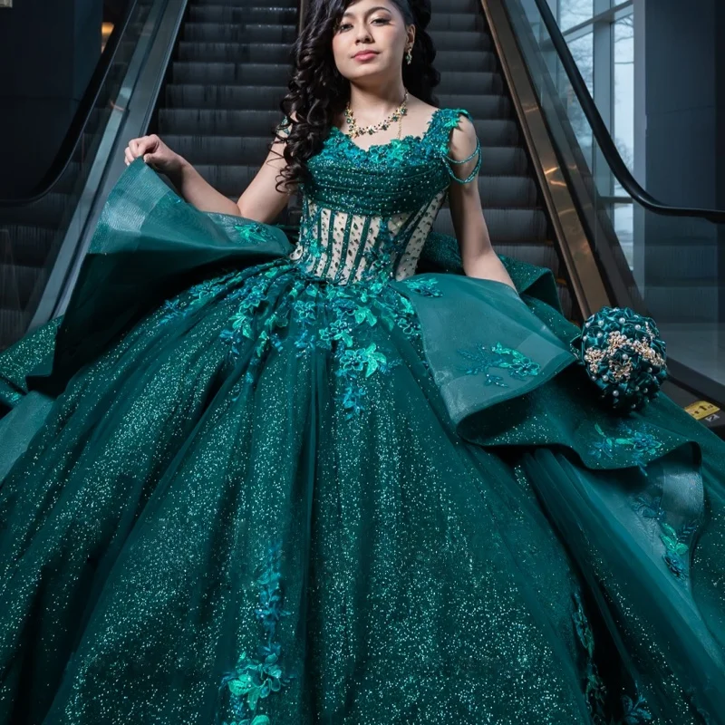 

Shiny Dark Green Quinceanera Dresses Off the Shoulder Sequins Flower Crystal Decal Long tail Vestidoe 15 Quinceanera Customize