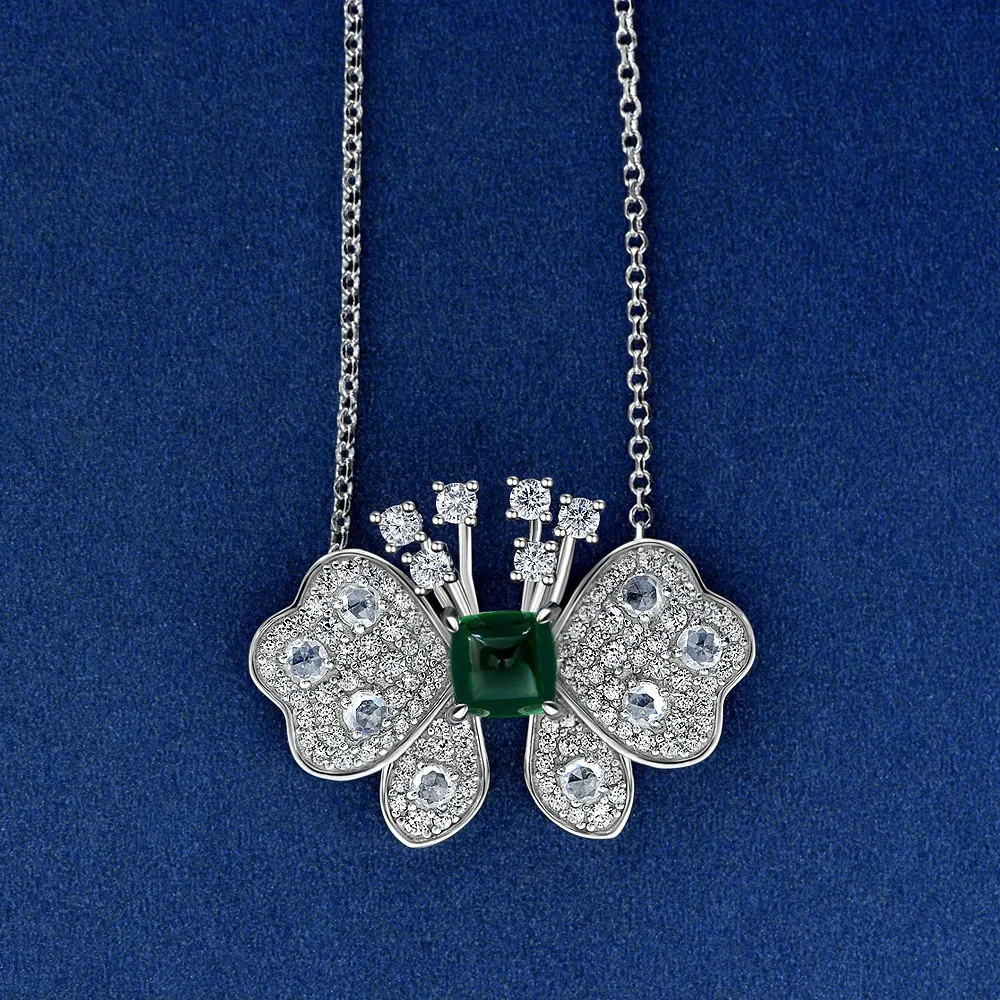 

European and American Hot Selling 925 Silver 1.5ct Sugar Tower Zambia Color Cultivated Emerald Butterfly Necklace 40+5