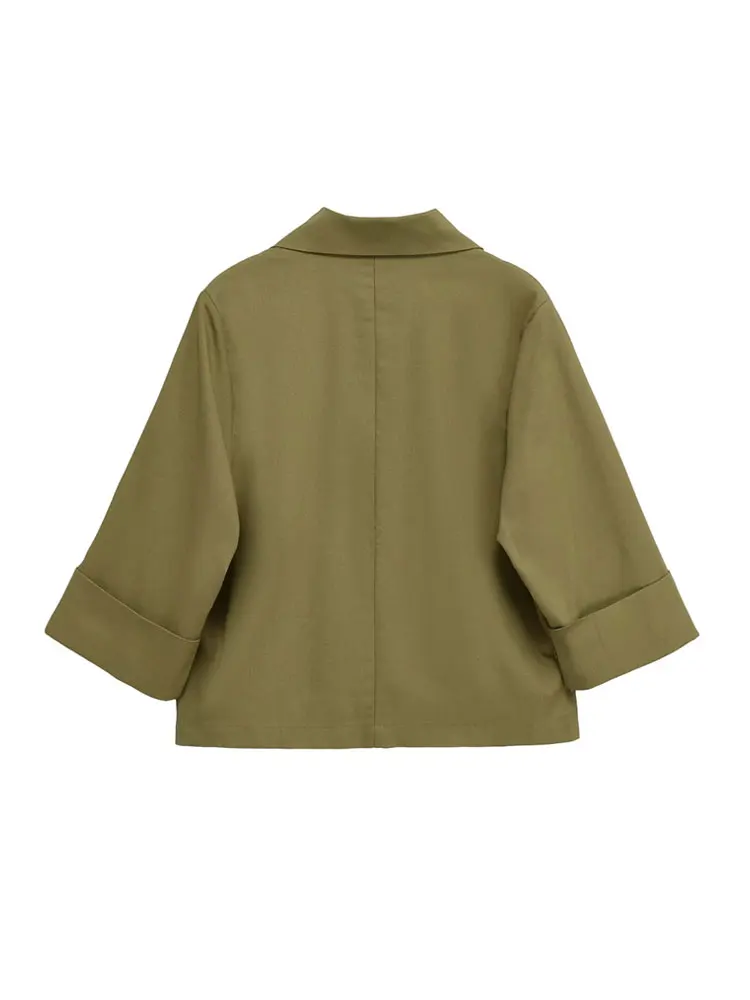 Women's Double-Breasted Loose Linen Blazer Coat Short Sleeve Pockets Chic Female Outerwear Top