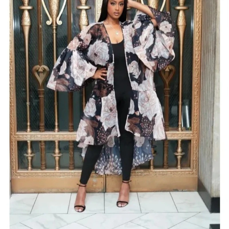 Elegant Irrrgular Hem Jacket Floral Printed Cardigans Flare Sleeve Thin Coat for Women Casual Vintage Plus Size Long Cover-up